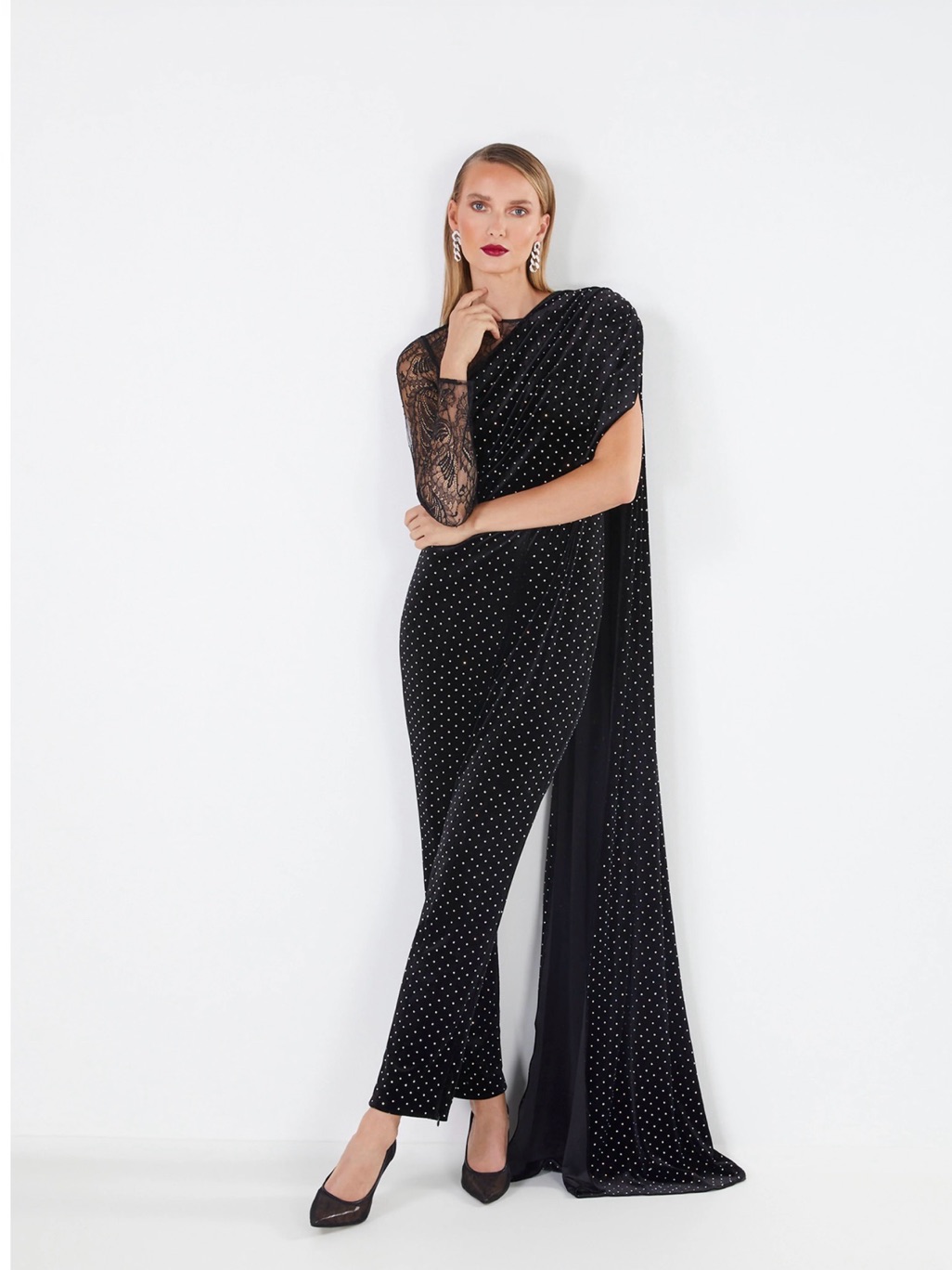 Stunning Black One-Shoulder Jumpsuit With Draped Cape And Lace Sleeve